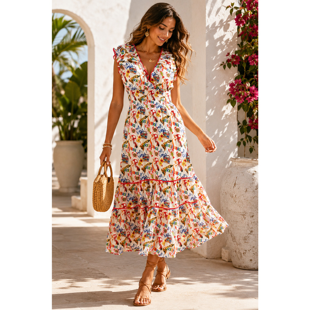 NWT Ro’s Garden Hilda Brazil Novelty Print Maxi Dress Smocked Resort Vacation M